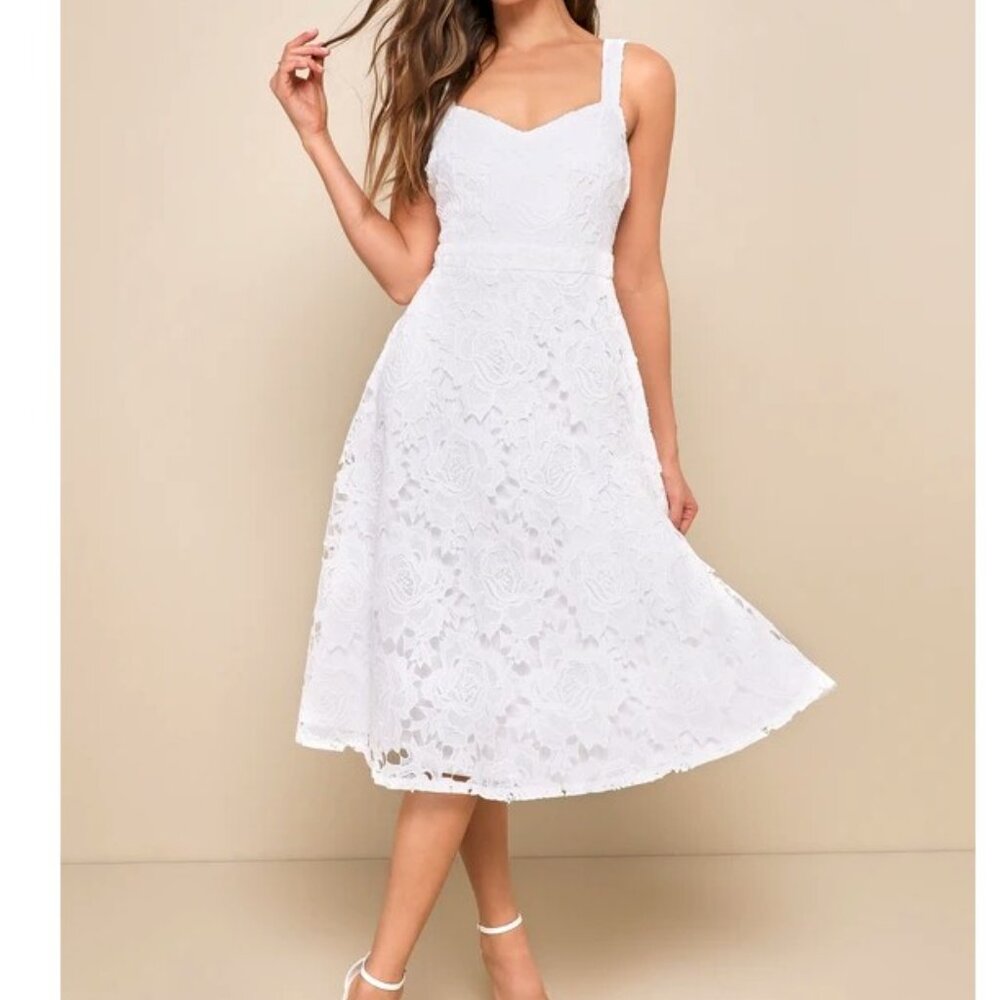 Divine Beauty White Lace Midi Dress With Pockets Size Medium NWOT